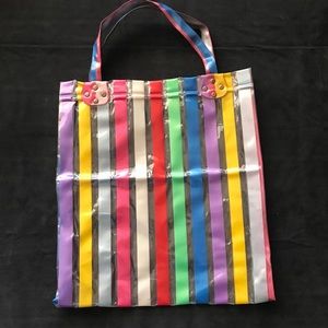 Vtg Vinyl Striped Shopping Tote Beach Bag Mod Rainbow Colorful Boho Packable MCM